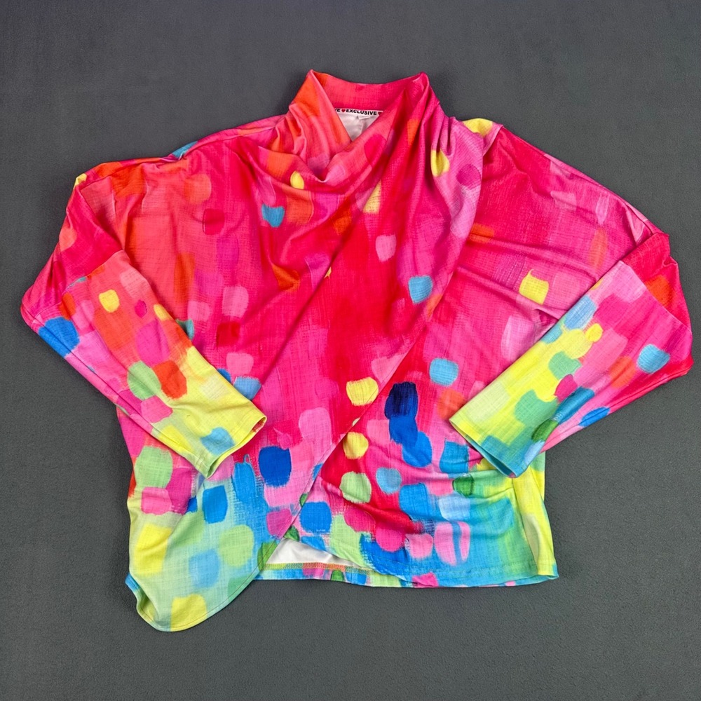Five Exclusive Abstract Draped Cowl Neck Wrap Front Top Pink Multicolored XL